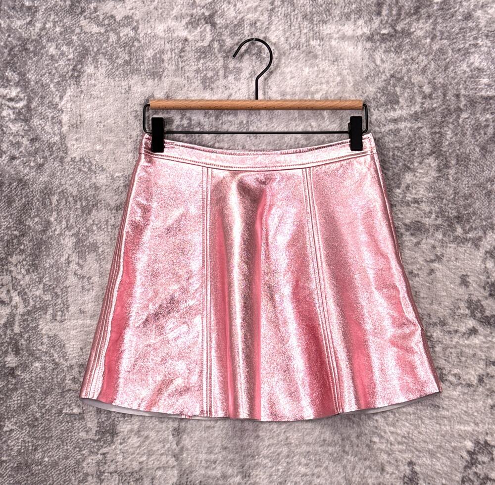 LoveShackFancy Dornie Mini Skirt 2 Womens Pink Metallic Lamb Leather